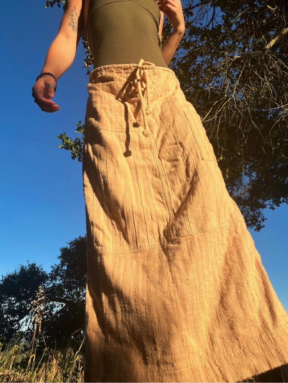 Free People Women’s Cotton Boho Maxi Skirt in Tan with Drawstring Waist
